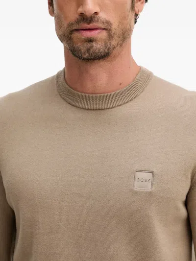 Hugo Boss Logo-patch Crew-neck Sweater In Neutral
