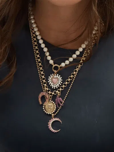 Storrow Jewelry 14k Yellow Gold Juliana Pearl And Opal Heart-shaped Pendant In Pink