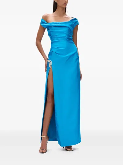 Rachel Gilbert Bailey Draped Off-the-shoulder Crystal Slit Gown In Blue