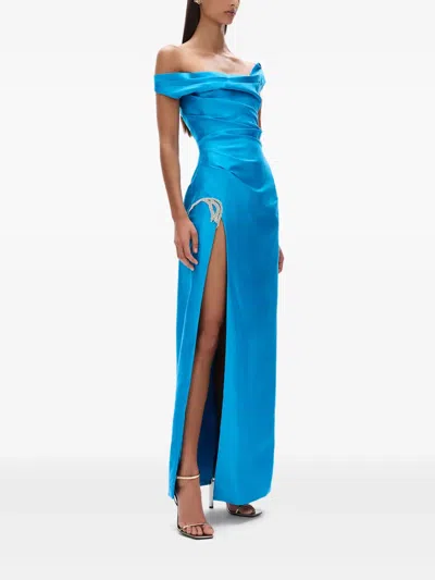 Rachel Gilbert Bailey Draped Off-the-shoulder Crystal Slit Gown In Blue