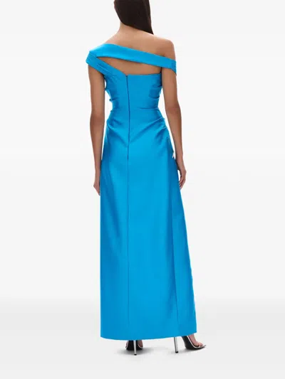 Rachel Gilbert Bailey Draped Off-the-shoulder Crystal Slit Gown In Blue