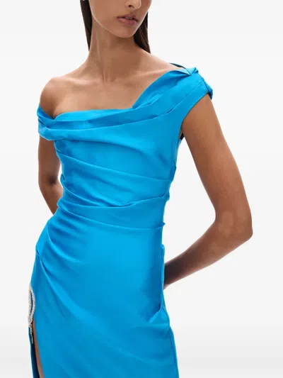 Rachel Gilbert Bailey Draped Off-the-shoulder Crystal Slit Gown In Blue