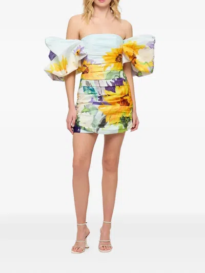 Leo Lin Puff-sleeve Sunflower Print Dress In Yellow
