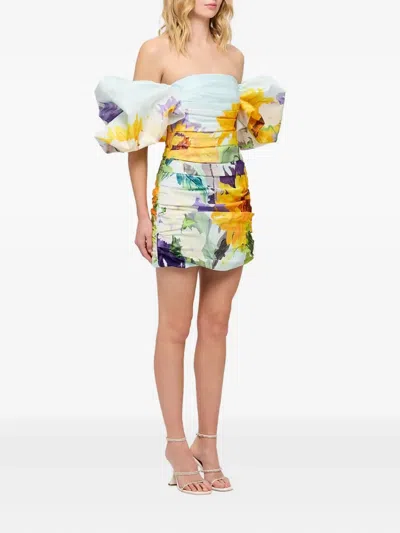 Leo Lin Puff-sleeve Sunflower Print Dress In Yellow