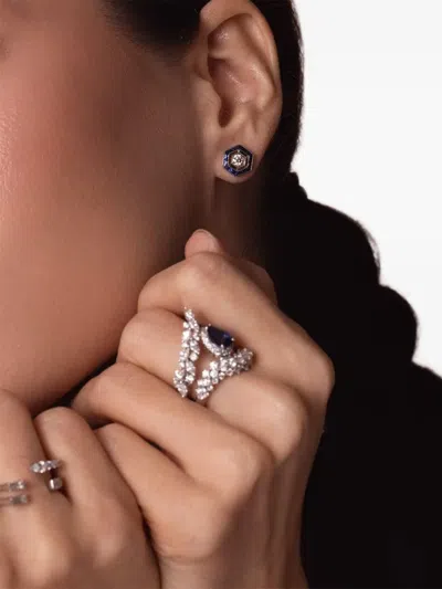 Fred Leighton 18k White Gold Sapphire Halo Hexagon Earrings In Blue