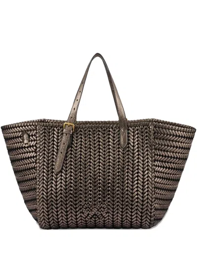 Anya Hindmarch Neeson Square Herringbone-weave Leather Tote Bag In Brown