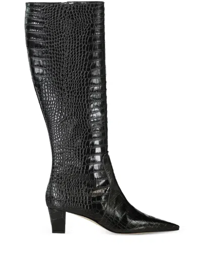 Manolo Blahnik 50mm Penelope Crocodile-effect Boots In Black