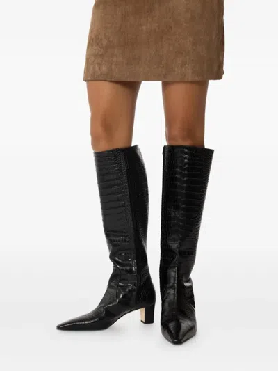 Manolo Blahnik 50mm Penelope Crocodile-effect Boots In Black