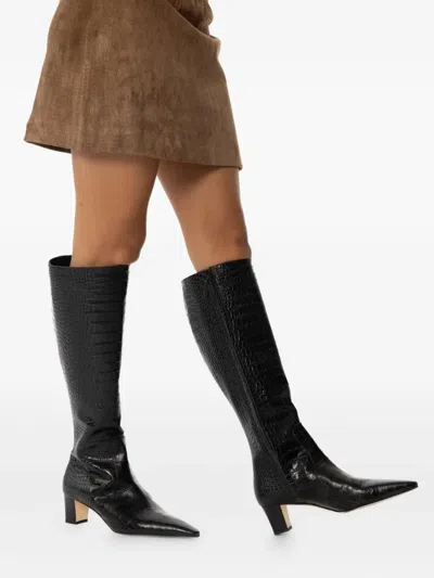 Manolo Blahnik 50mm Penelope Crocodile-effect Boots In Black