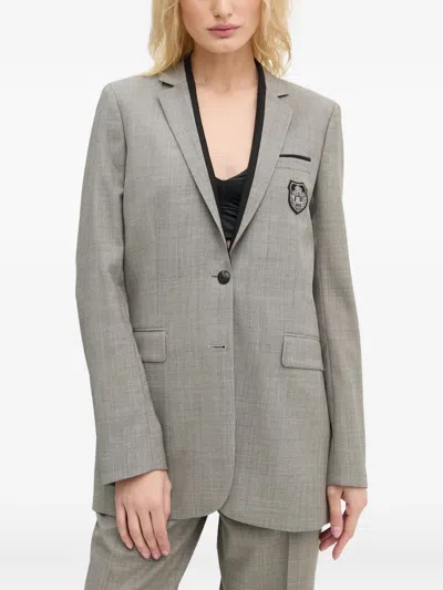 The Kooples Single-breasted Logo-appliqué Blazer In Gray