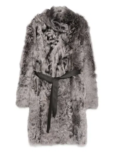 Yves Salomon Shearling Belted Coat In Gray