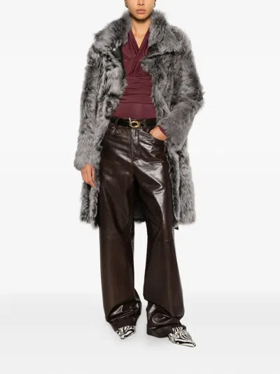 Yves Salomon Shearling Belted Coat In Gray