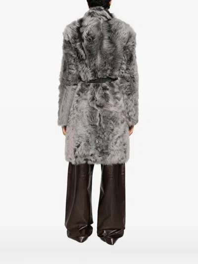 Yves Salomon Shearling Belted Coat In Gray
