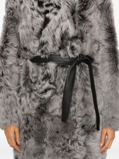 Yves Salomon Shearling Belted Coat In Gray