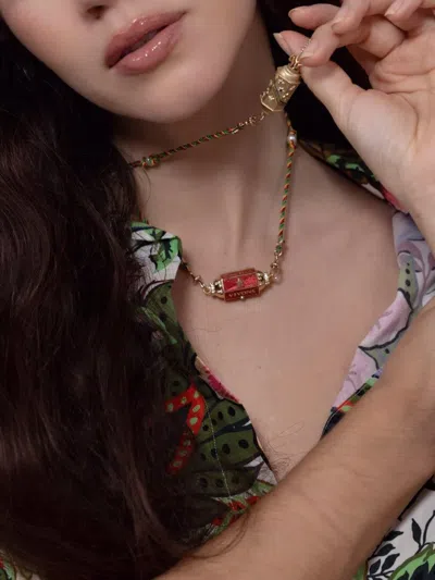 Marie Lichtenberg 14k Yellow Gold Mauli Rasta Necklace In Green