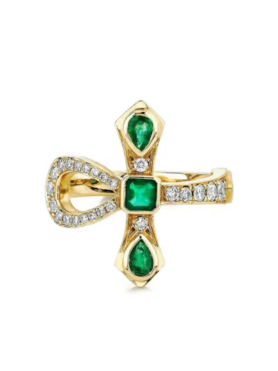 Logan Hollowell 14k Yellow Gold Eternal Ankh Emeralds And Diamonds Ring In Brown