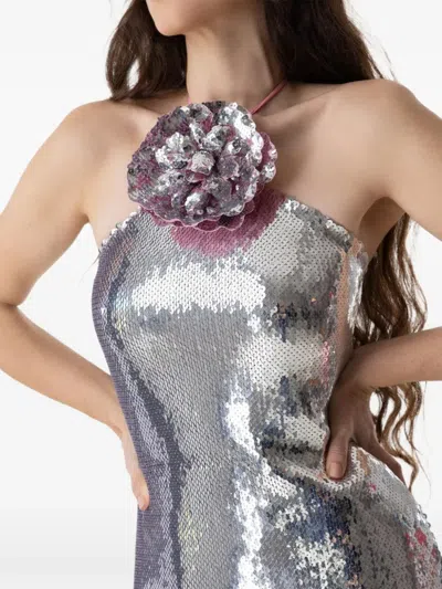 Rodarte Sequin Flower-appliqué Dress In Silver
