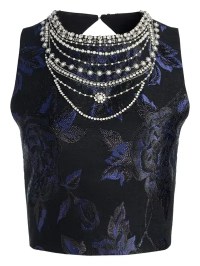 Alice And Olivia Cherra Embellished Floral Jacquard Crop Top In Black