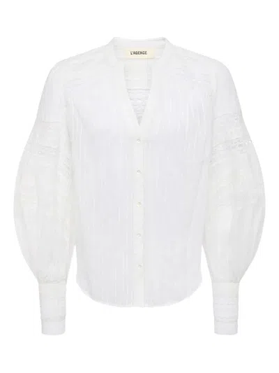 L'agence Kiera Semi-sheer Geometric-trim Blouse In White