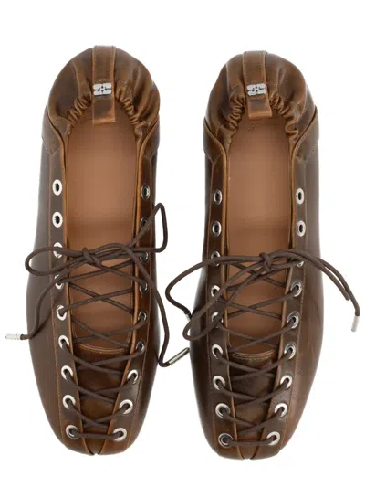 Ganni Lace-up Shoes Featuring Elasticated Trim In Brown