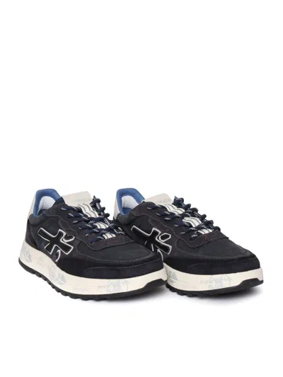 Premiata Layered White Sneakers With Textured Leather And Tpu Overlays In Blue