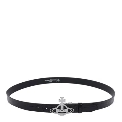 Vivienne Westwood Crocodile Texture Adjustable Belt Silver-tone Buckle In Black