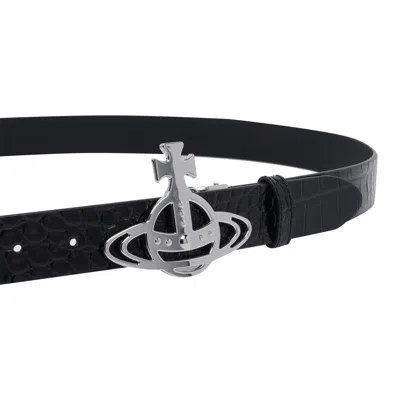 Vivienne Westwood Crocodile Texture Adjustable Belt Silver-tone Buckle In Black