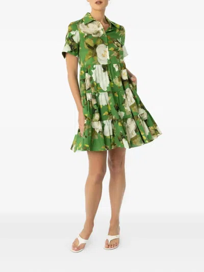 Erdem Floral-print Tiered Shirtdress In Green
