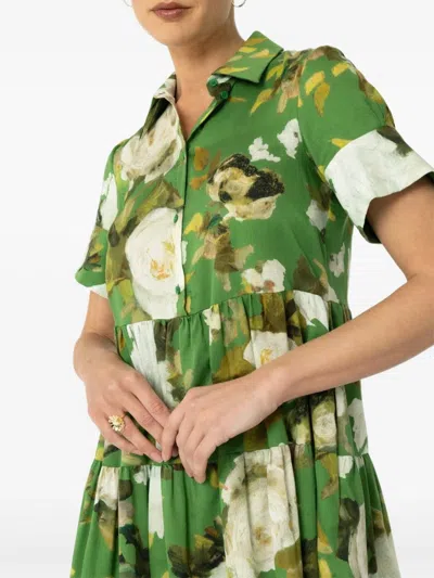 Erdem Floral-print Tiered Shirtdress In Green
