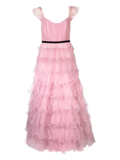 Marchesa Notte Off-shoulder Ruffled Gown In Pink