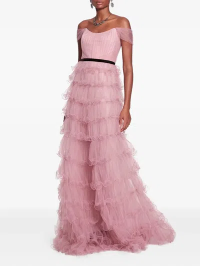 Marchesa Notte Off-shoulder Ruffled Gown In Pink