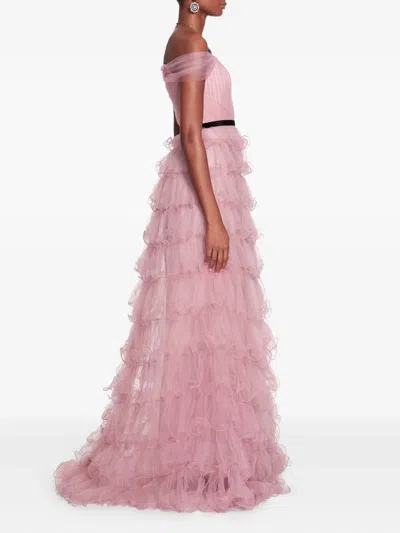 Marchesa Notte Off-shoulder Ruffled Gown In Pink