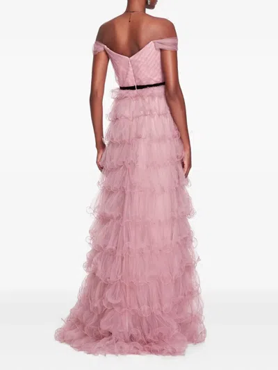 Marchesa Notte Off-shoulder Ruffled Gown In Pink