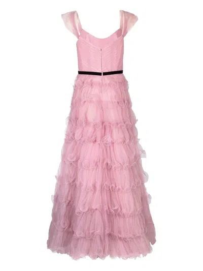 Marchesa Notte Off-shoulder Ruffled Gown In Pink