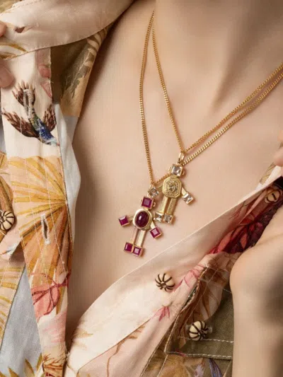 Van Robot 18k Yellow Gold Diamond And Morganite Robot-shaped Pendant In Gold