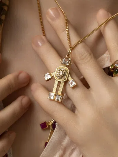 Van Robot 18k Yellow Gold Diamond And Morganite Robot-shaped Pendant In Gold