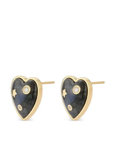 Storrow Jewelry 14kt Yellow Gold Heart Labradorite Earrings In Black