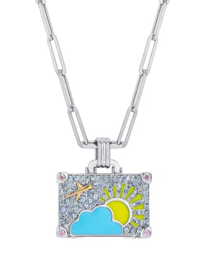 Nevernot 14k White Gold Weekend Trip Suitcase Sapphire Necklace In Silver