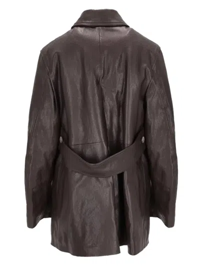 La Rose Button-up Leather Coat In Brown