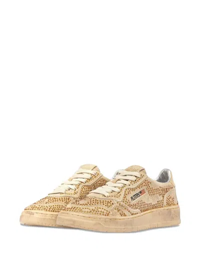 Autry Medalist Low Sneakers In Bronze Suede With Crystal Micro Rhinestones In Brown