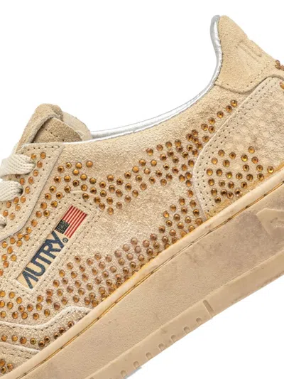 Autry Medalist Low Sneakers In Bronze Suede With Crystal Micro Rhinestones In Brown
