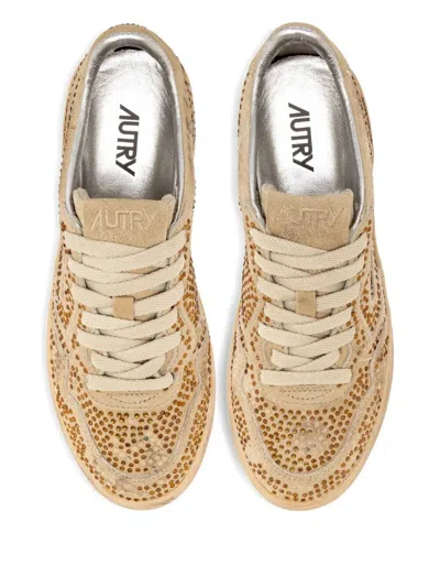 Autry Medalist Low Sneakers In Bronze Suede With Crystal Micro Rhinestones In Brown