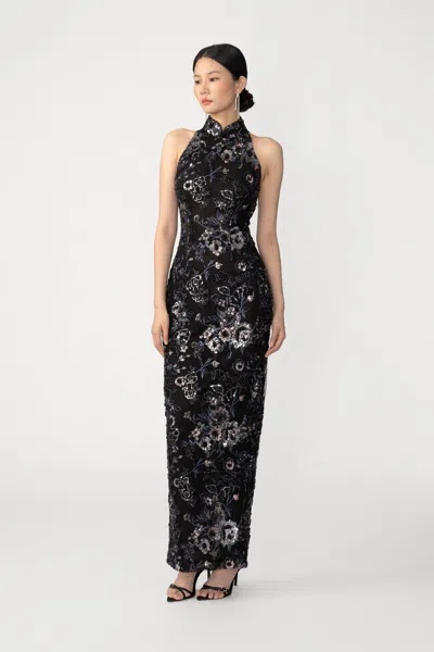Sau Lee Arielle Embroidered Maxi Dress In Black