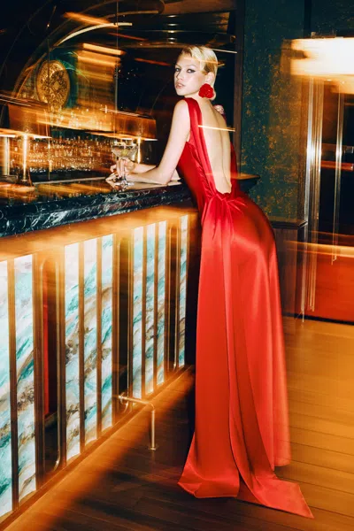 Sau Lee Calli Satin Backless Gown In Red