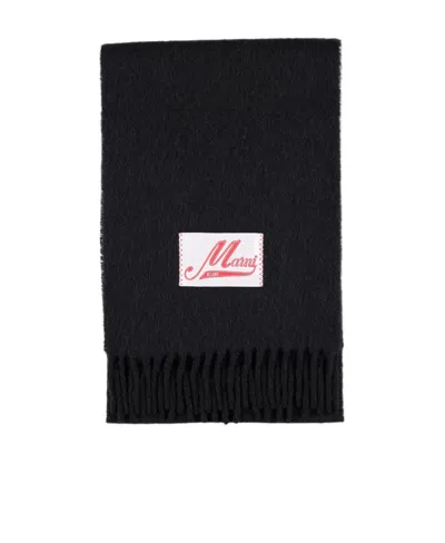 Marni Logo Patch Fringed Scarf In Black