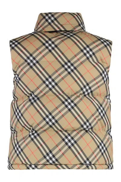 Burberry Sleeveless Down Jacket Featuring Check Pattern In Brown