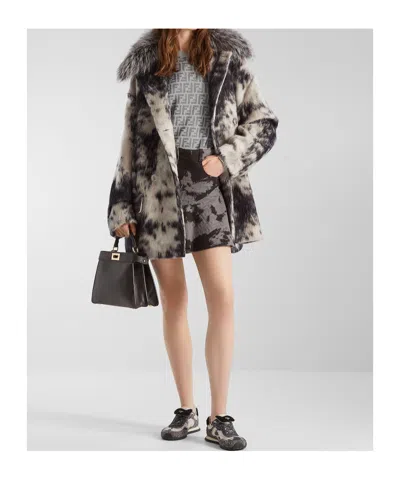 Fendi Black And White Frosted Fauna Wool Coat In Multi