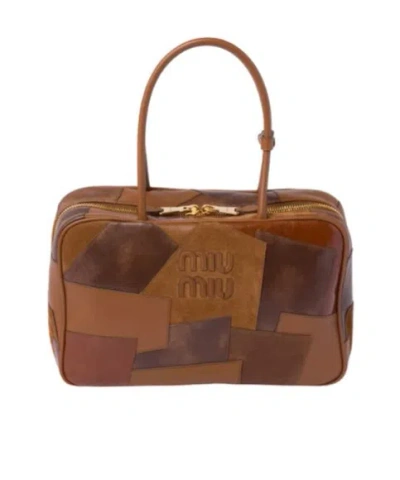 Miu Miu Leather Shopping Bag Featuring Double Handles In Brown