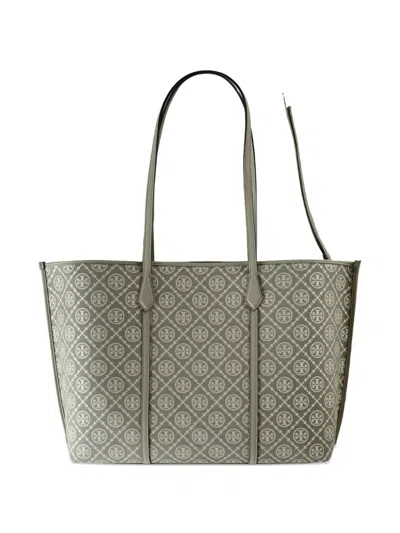 Tory Burch Perry T Monogram Jacquard Triple Compartment Tote In Gray