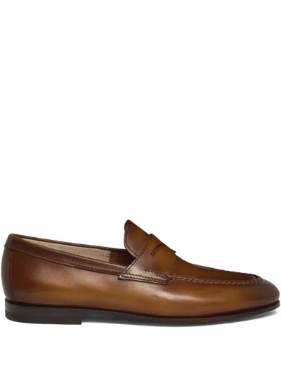 Santoni Leather Penny Loafers In Brown